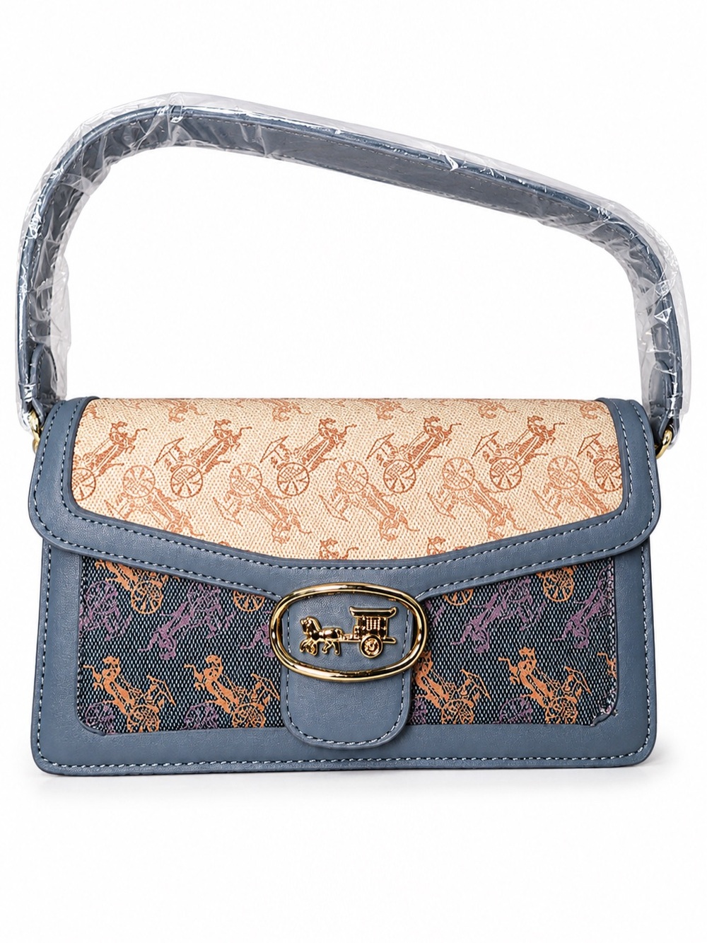 Structured Top-Handle Shoulder Bag in Blue and Beige